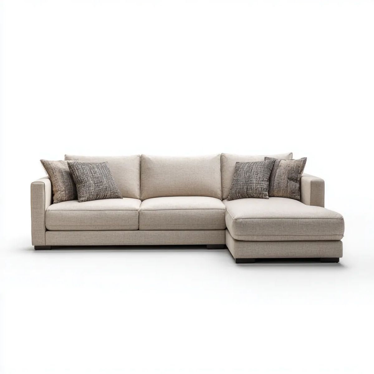 Prawostronna sofa narożna beżowo-brązowa z tapicerką poliestrową, 285 × 160 × 86 cm