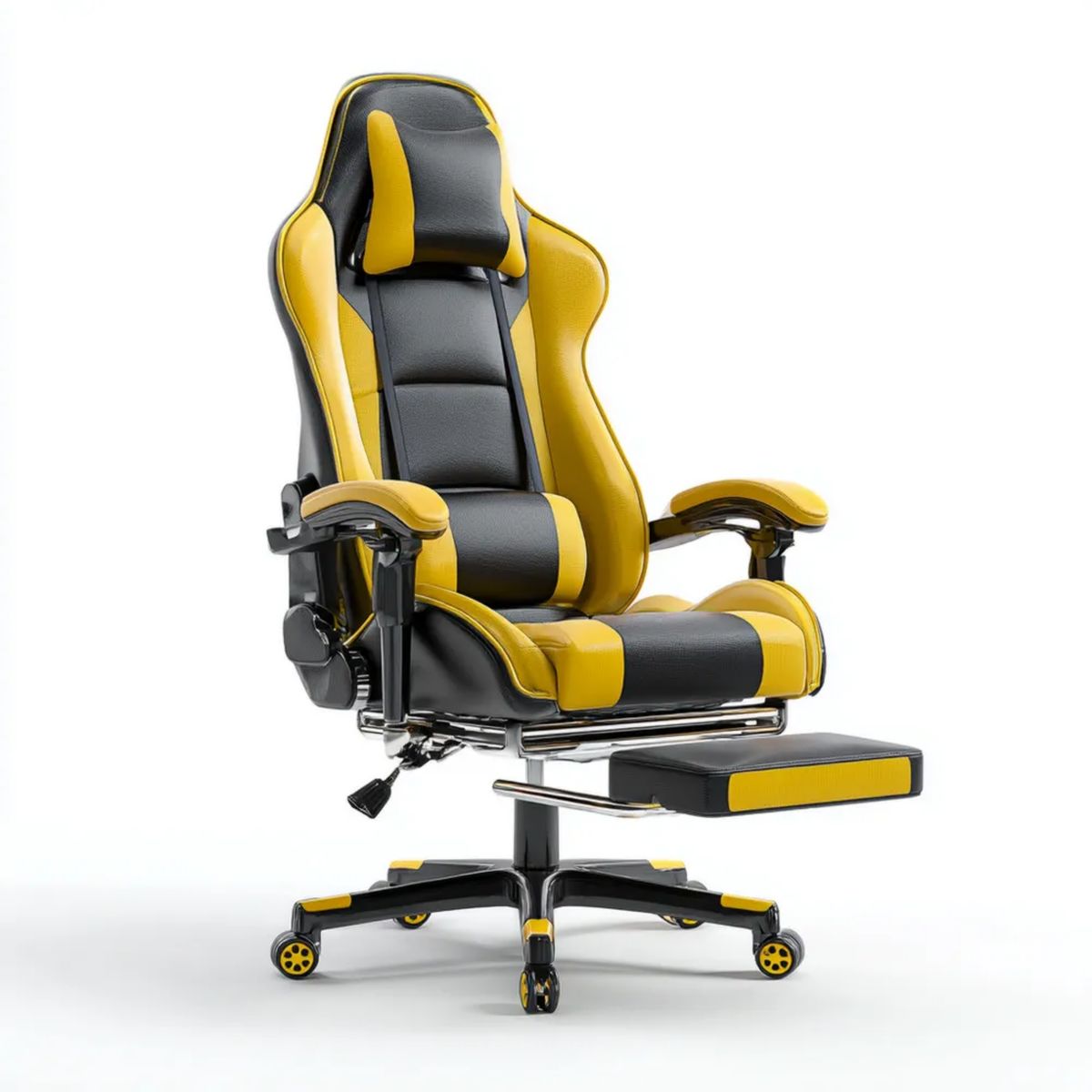 Fotel gamingowy biurowy z ekoskóry PU czarno-żółty 68 x 68 x 125–135 cm z podnóżkiem