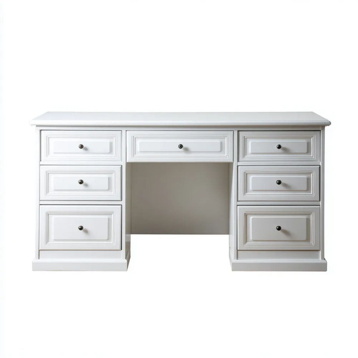 Białe biurko gabinetowe z lakierowanej płyty MDF, 140 x 60 x 75 cm, 7 szuflad