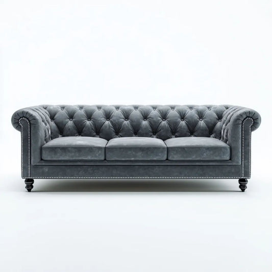 Trzyosobowa sofa Chesterfield z weluru poliestrowego, szara, 230 x 95 x 78 cm