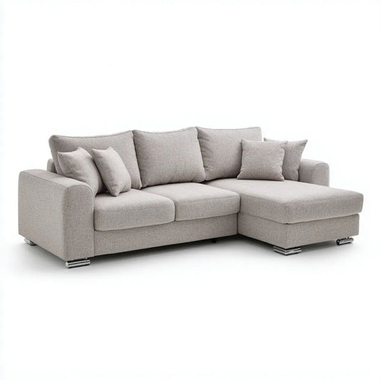 Jasnoszara sofa narożna z prawostronnym szezlongiem, tapicerka poliestrowa, kształt L, 280 × 170 × 85 cm
