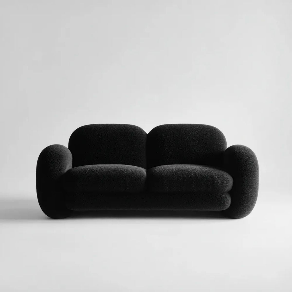 Czarna dwuosobowa sofa z tapicerką boucle, zaokrąglona, 180 × 95 × 75 cm