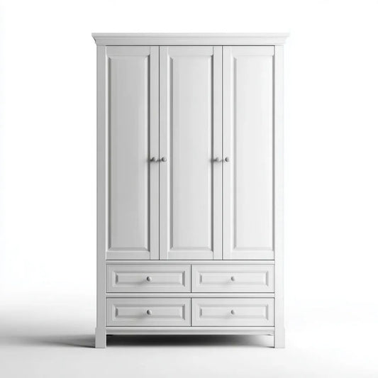 Biała szafa trzydrzwiowa z 4 szufladami z płyty MDF, 150 × 55 × 200 cm