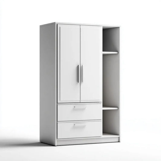 Biała szafa z laminowanej płyty wiórowej 80 × 40 × 180 cm, 2 drzwi, 2 szuflady i 3 otwarte wnęki