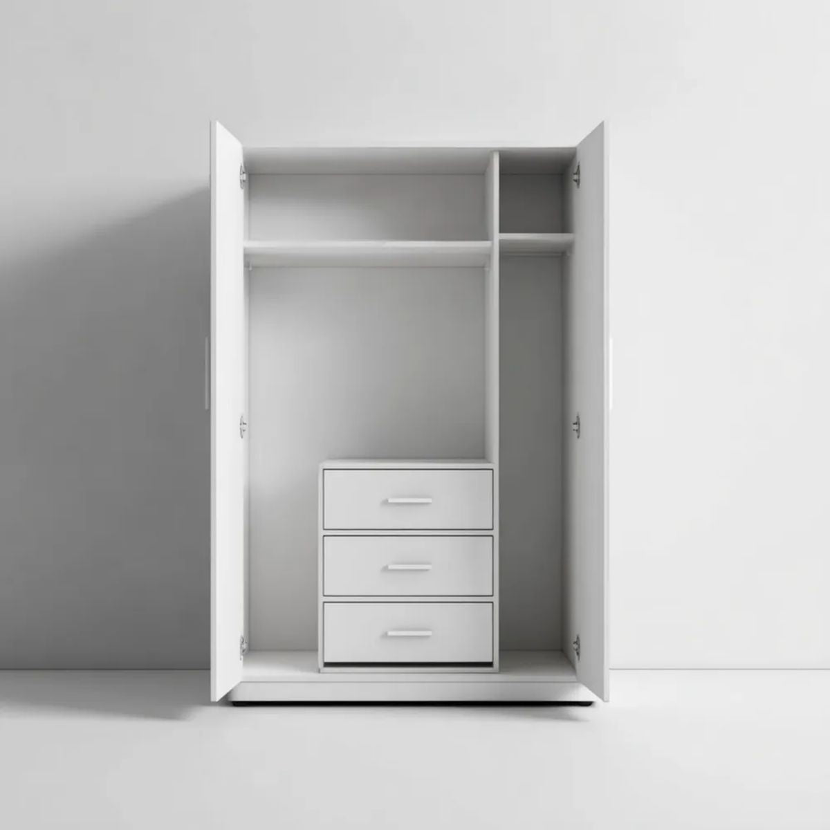 Biała szafa dwudrzwiowa z płyty wiórowej laminowanej 120 × 50 × 180 cm z 3 szufladami