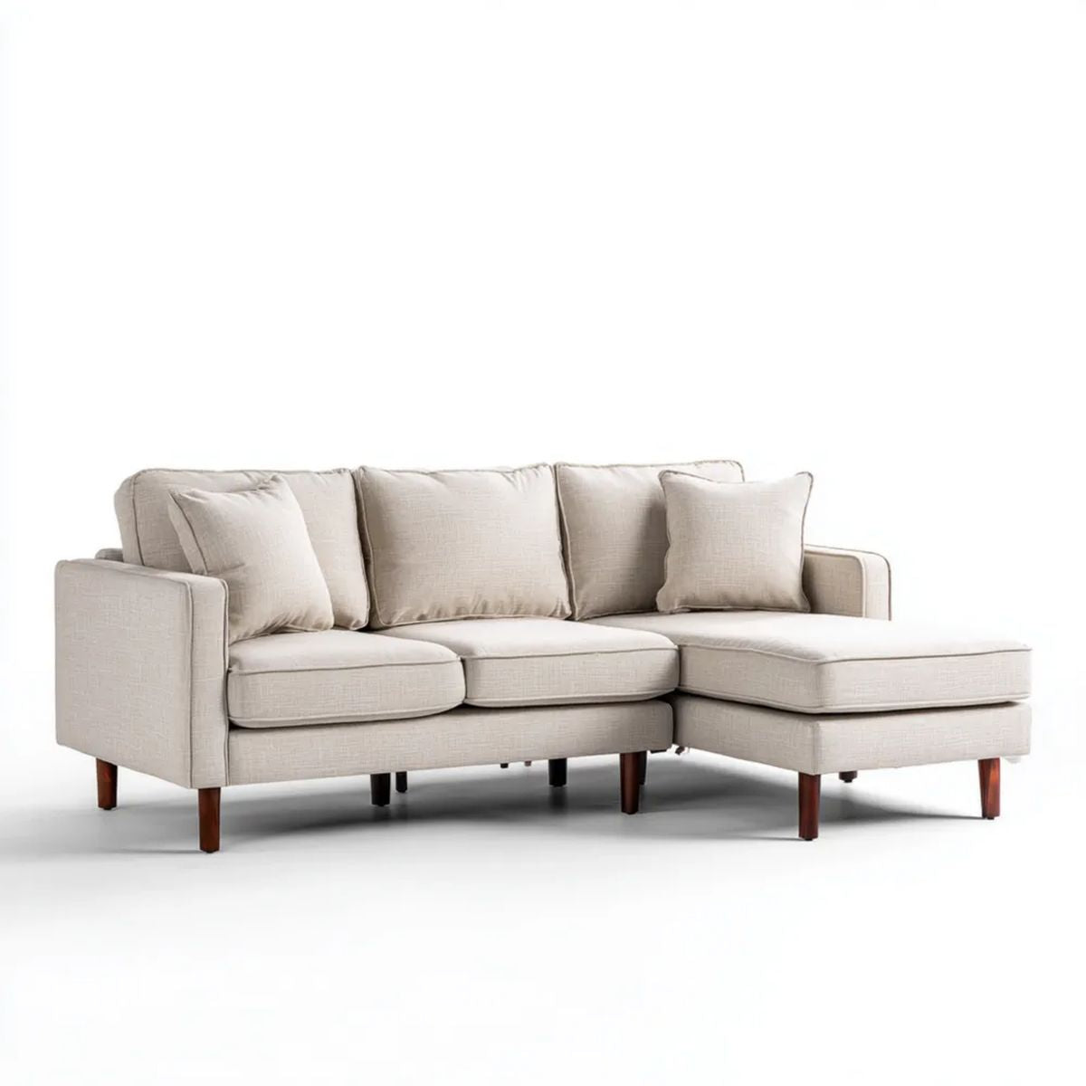 Beżowa sofa narożna w kształcie L z prawostronnym szezlongiem, tapicerka poliestrowa, 230 × 150 × 85 cm