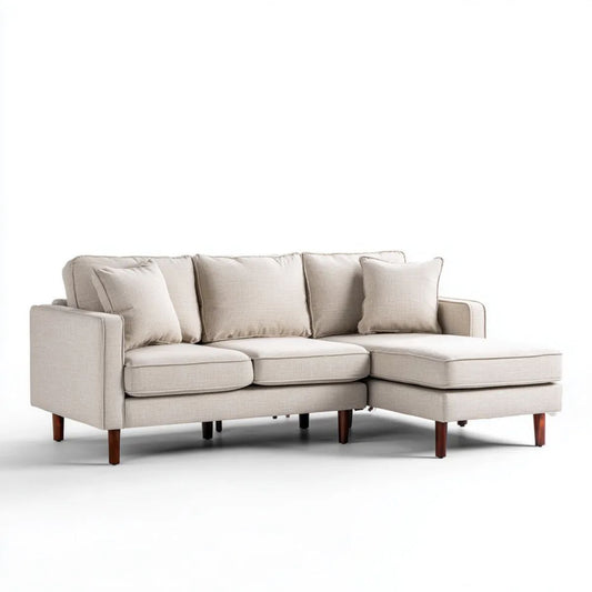 Beżowa sofa narożna w kształcie L z prawostronnym szezlongiem, tapicerka poliestrowa, 230 × 150 × 85 cm