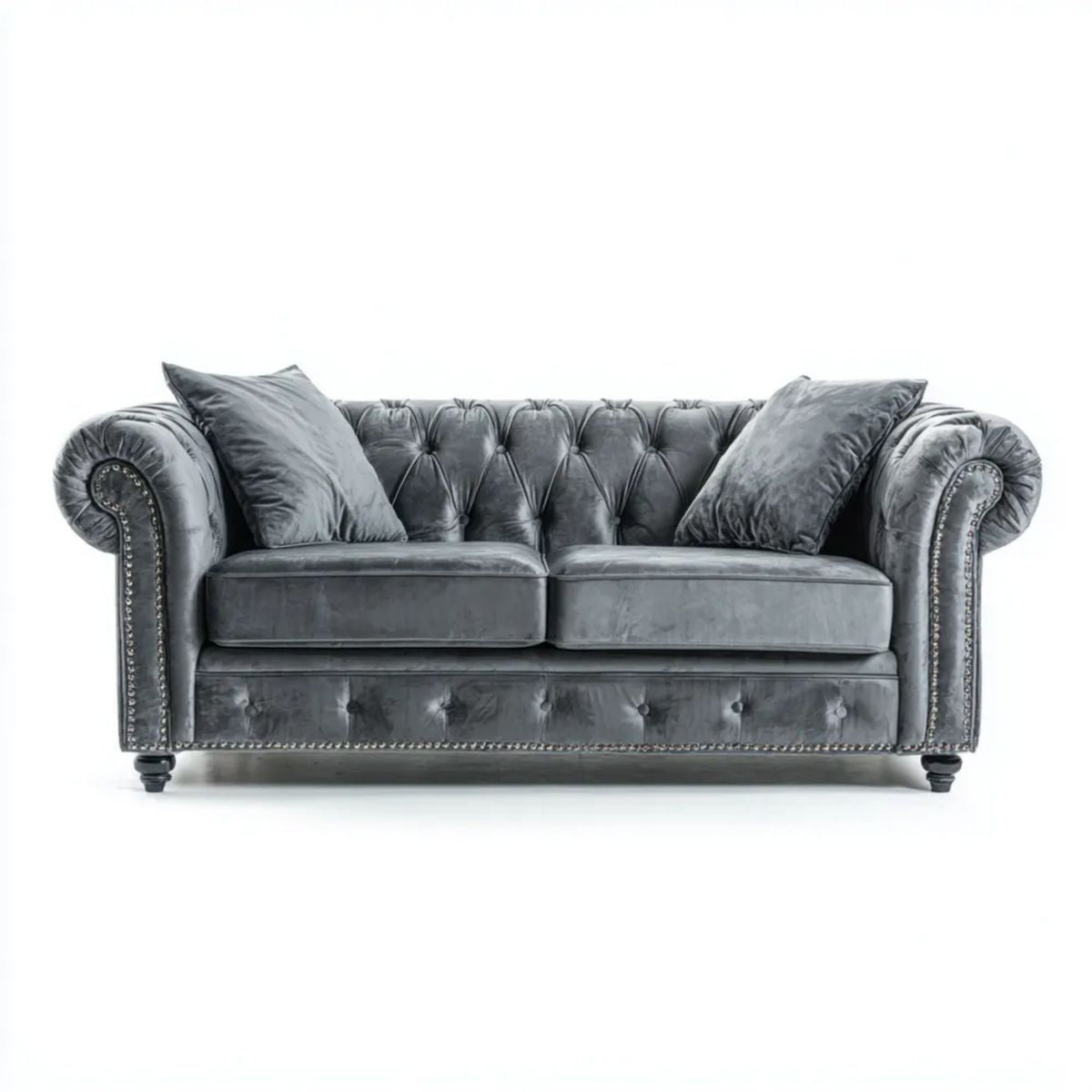 Dwuosobowa sofa Chesterfield z aksamitu, szara, 172 x 90 x 78 cm
