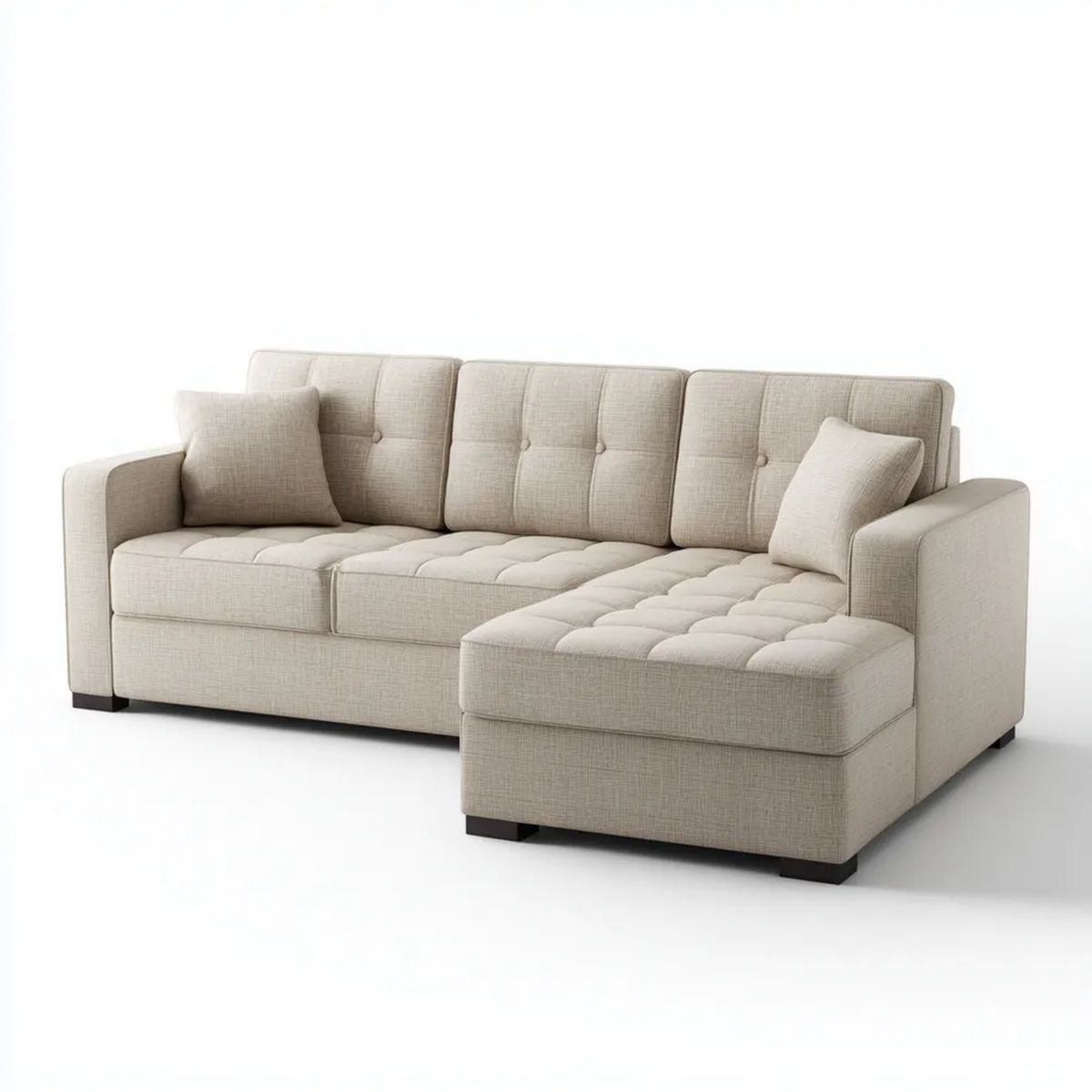 Prawostronna sofa narożna z szezlongiem kremowa, tapicerka poliestrowa, 250 x 160 x 88 cm
