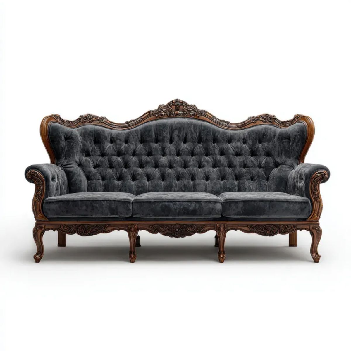 Trzyosobowa sofa barokowa grafitowa z aksamitu poliestrowego na ramie z litego buku, 230 x 95 x 120 cm