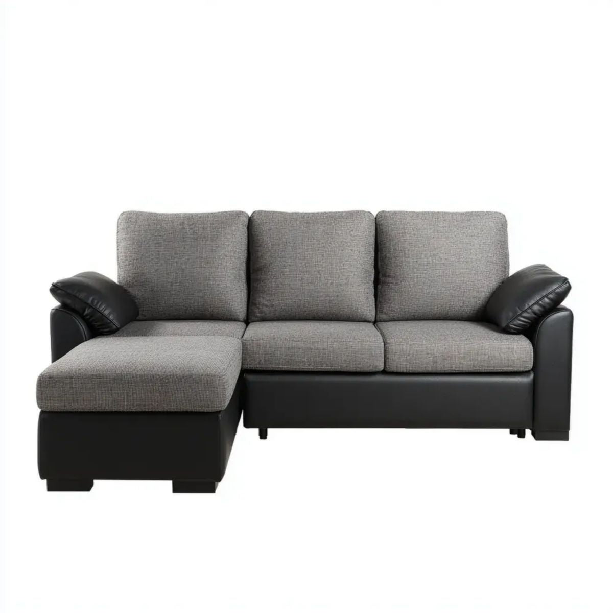 Lewostronna sofa narożna L z poliestru i skóry syntetycznej, szaro-czarna, 210 × 140 × 85 cm