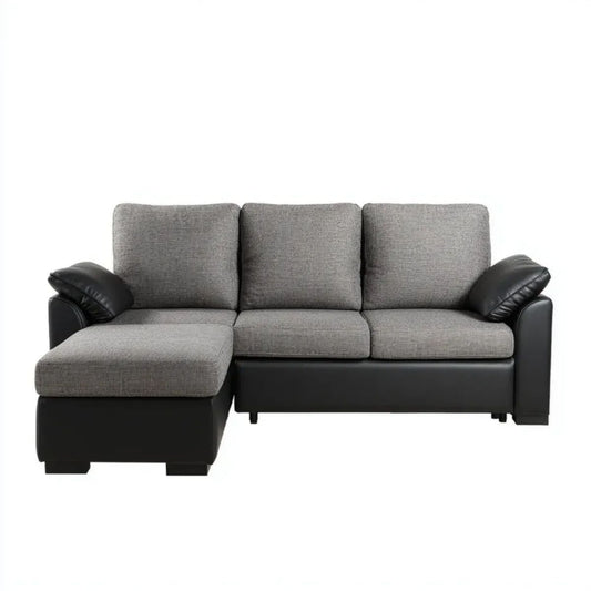 Lewostronna sofa narożna L z poliestru i skóry syntetycznej, szaro-czarna, 210 × 140 × 85 cm