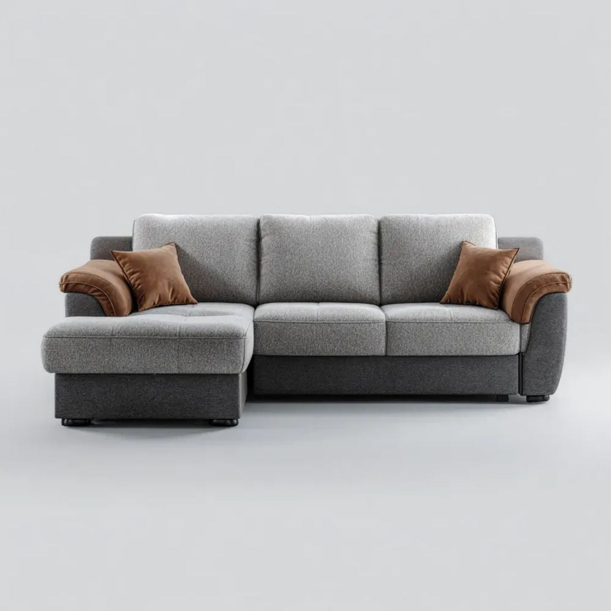 Szaro-brązowa sofa narożna z lewym szezlongiem, tapicerowana tkaniną, 250 × 160 × 90 cm