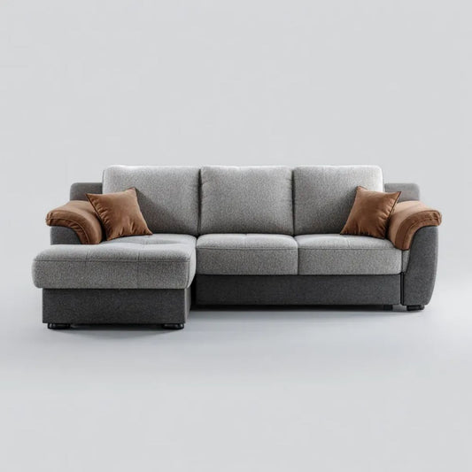 Szaro-brązowa sofa narożna z lewym szezlongiem, tapicerowana tkaniną, 250 × 160 × 90 cm