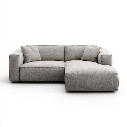 Szara sofa narożna z prawym szezlongiem, tapicerowana tkaniną, 250 × 160 × 85 cm