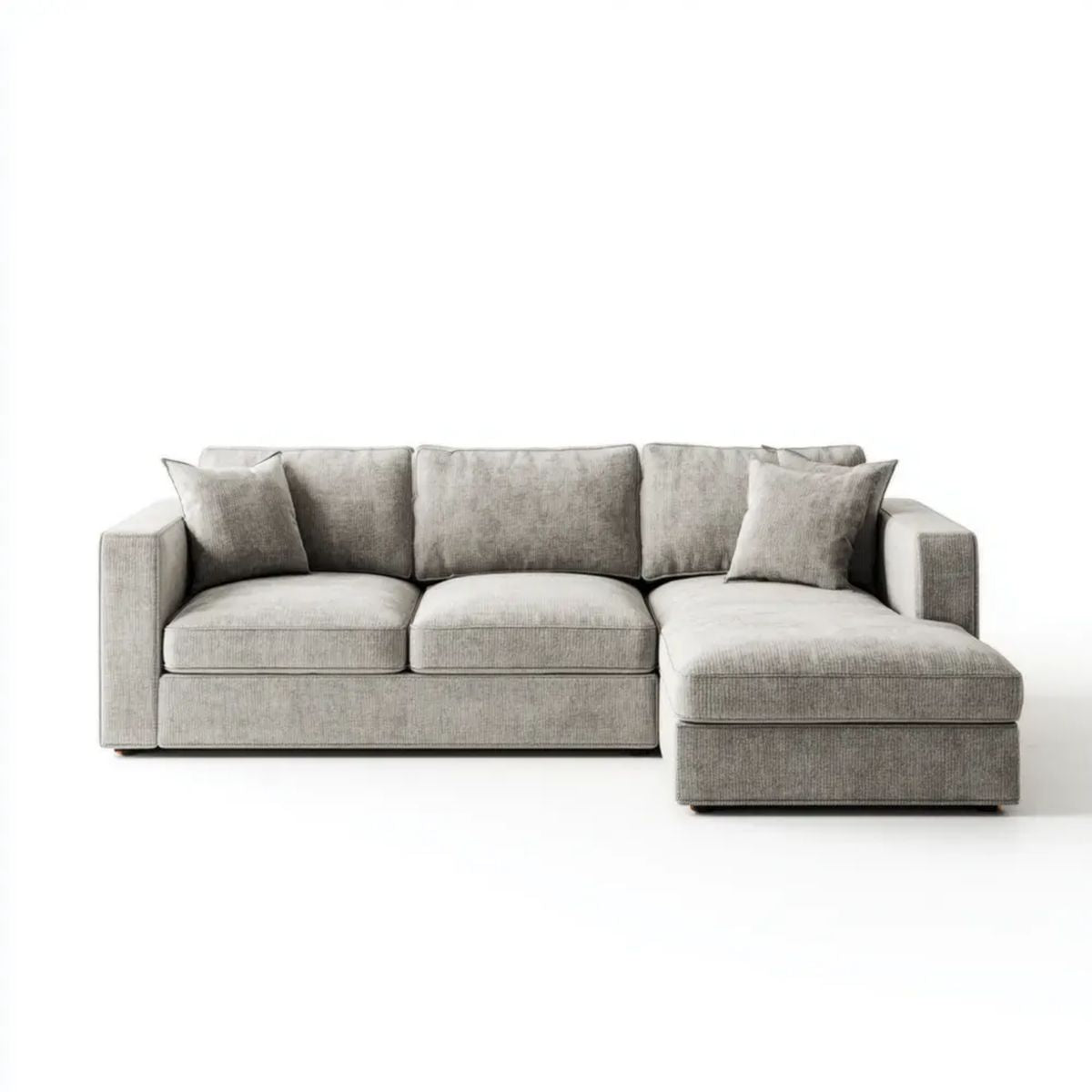 Jasnoszara sofa narożna w kształcie L z prawostronnym szezlongiem, tapicerowana tkaniną poliestrową, 250 × 160 × 85 cm