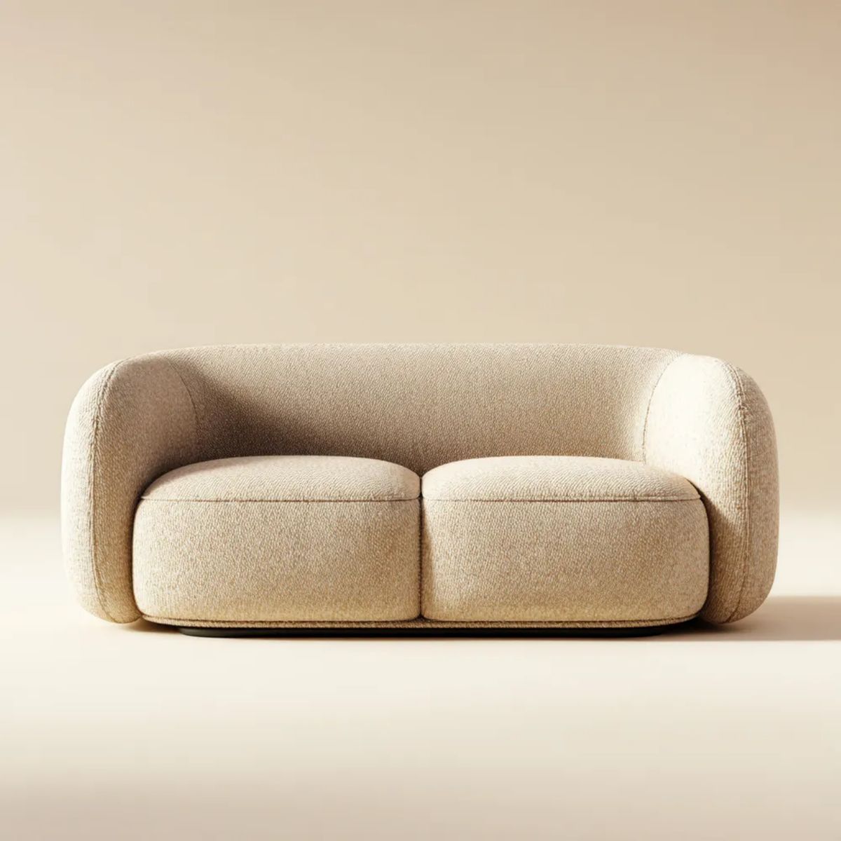 Beżowa sofa dwuosobowa z tapicerką poliestrową bouclé, 160 × 90 × 72 cm, zaokrąglona forma