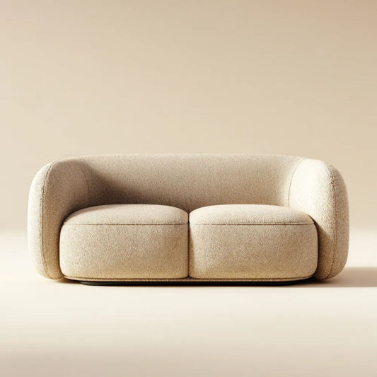 Beżowa sofa dwuosobowa z tapicerką poliestrową bouclé, 160 × 90 × 72 cm, zaokrąglona forma