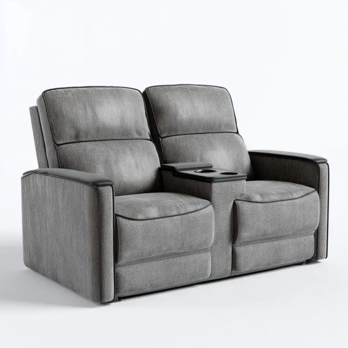 2-osobowa sofa kinowa z funkcją relaks, uchwytami na kubki, szara/czarna, poliester, 170 × 92 × 102 cm
