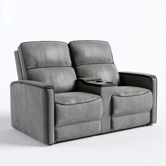2-osobowa sofa kinowa z funkcją relaks, uchwytami na kubki, szara/czarna, poliester, 170 × 92 × 102 cm
