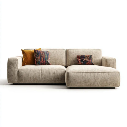 Beżowa sofa narożna 3-osobowa w kształcie L z tapicerką poliestrową, 280 × 165 × 85 cm