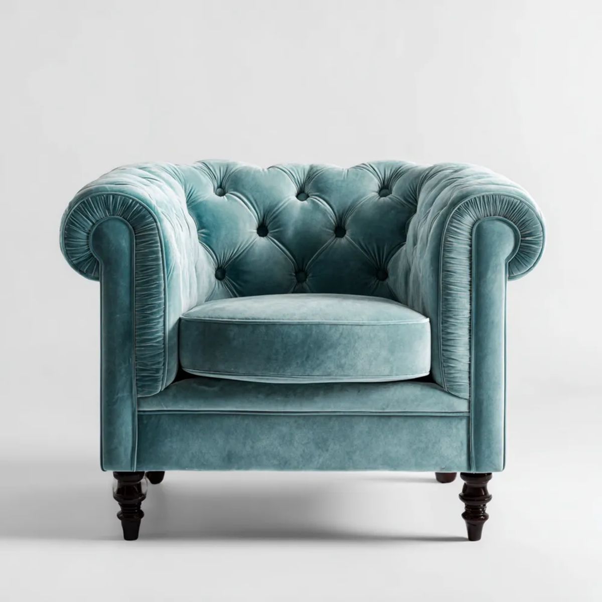 Fotel Chesterfield z aksamitu turkusowy z ciemnobrązowymi nogami, 115 × 95 × 80 cm