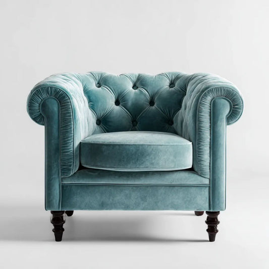 Fotel Chesterfield z aksamitu turkusowy z ciemnobrązowymi nogami, 115 × 95 × 80 cm